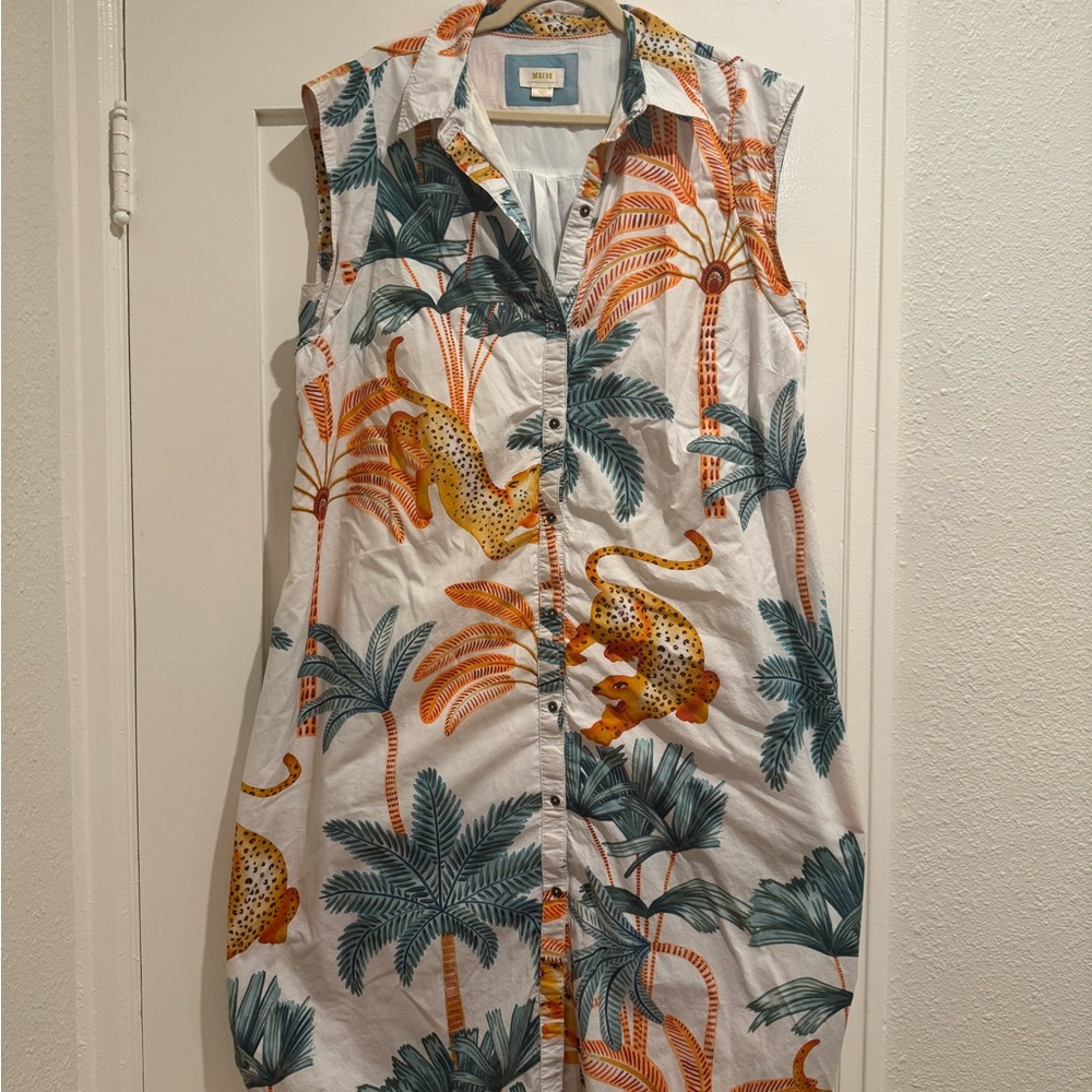 Anthropologie White Tropical Midi Shirt Dress with Green Palm & Orange Accents - Picture 3 of 6